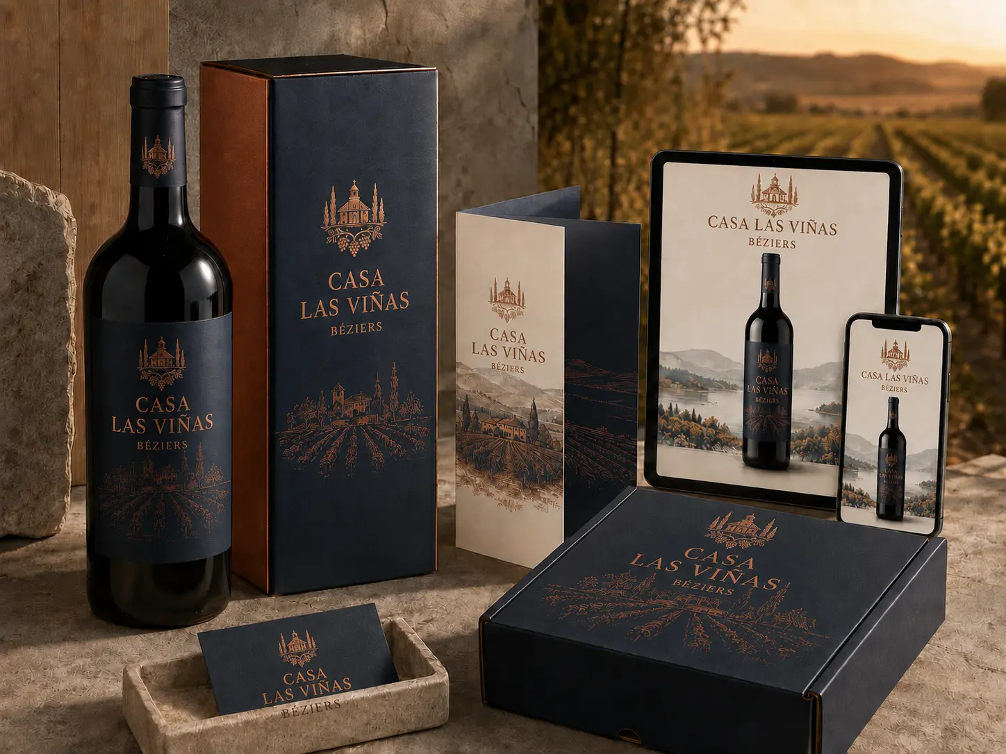 Identité, bouteille et coffret de vin Casa Las Viñas à Béziers