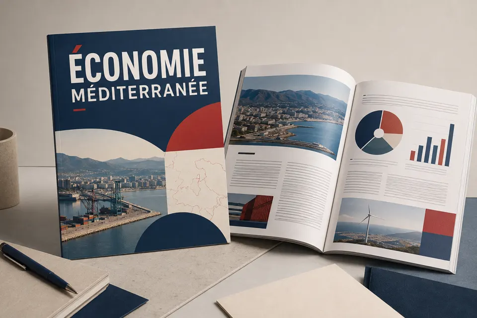 Magazine économique avec couverture et double page éditoriale